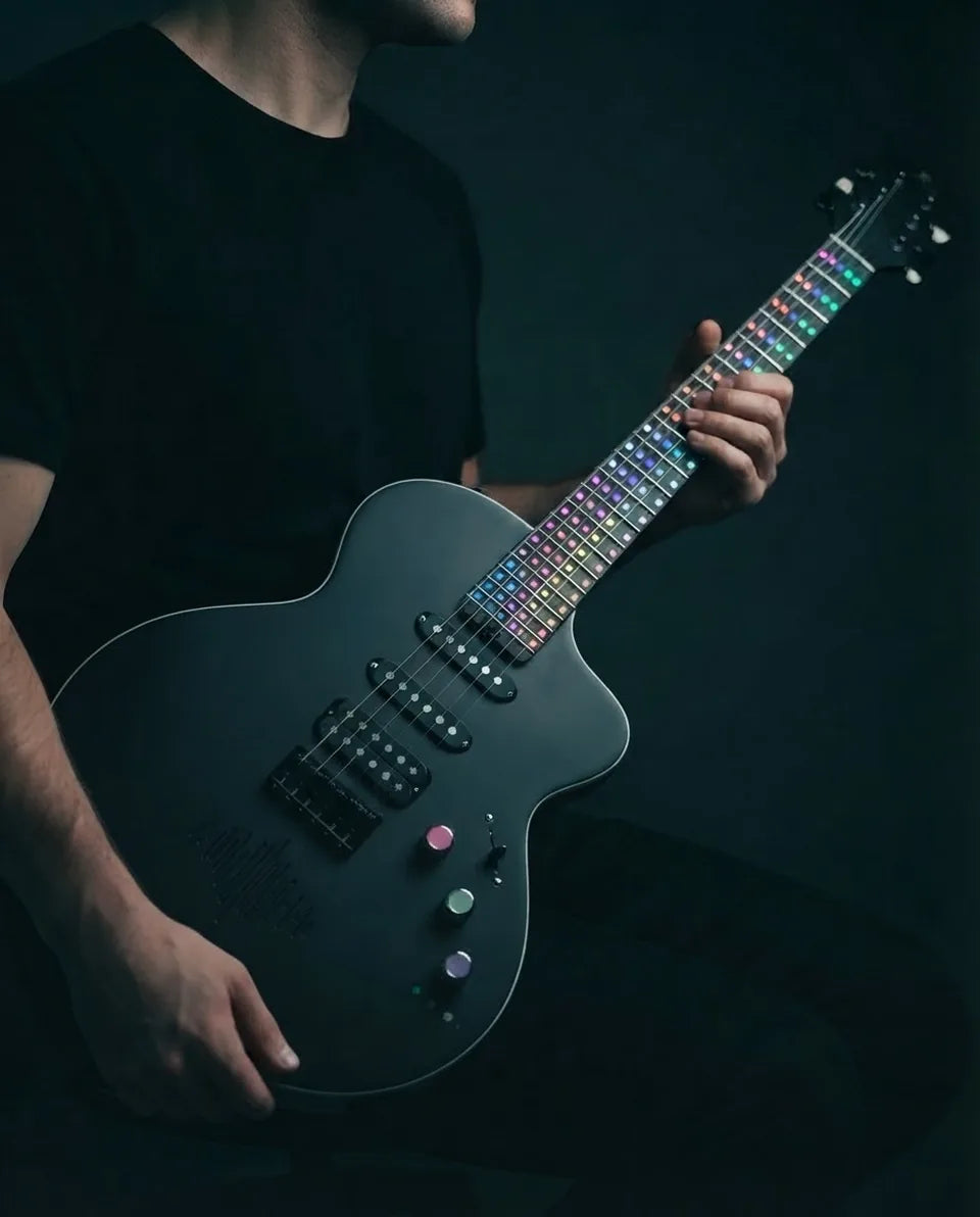 Player holding the Ravniks R-01 in Black, fretboard lit