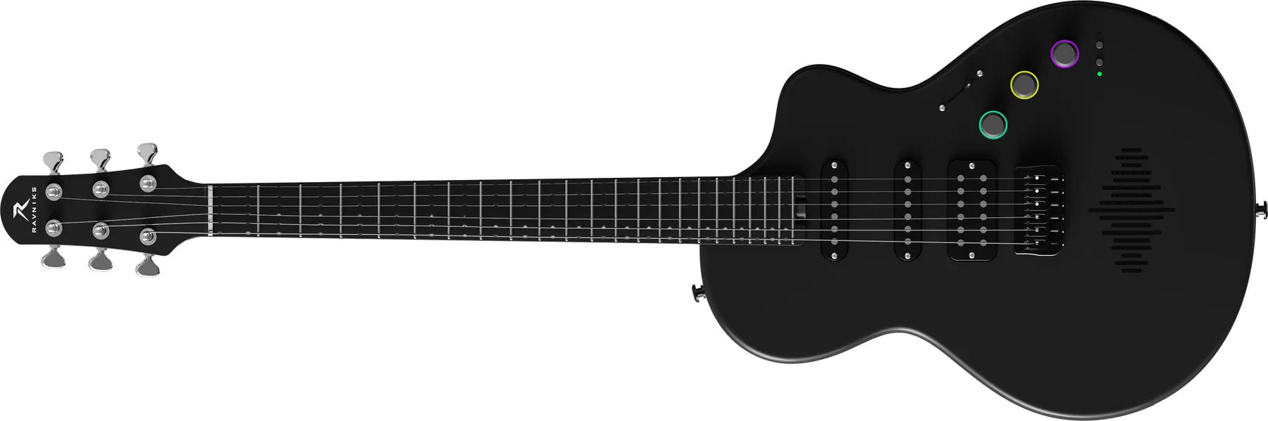 Ravniks R-01 smart electric guitar with its fretboard lit