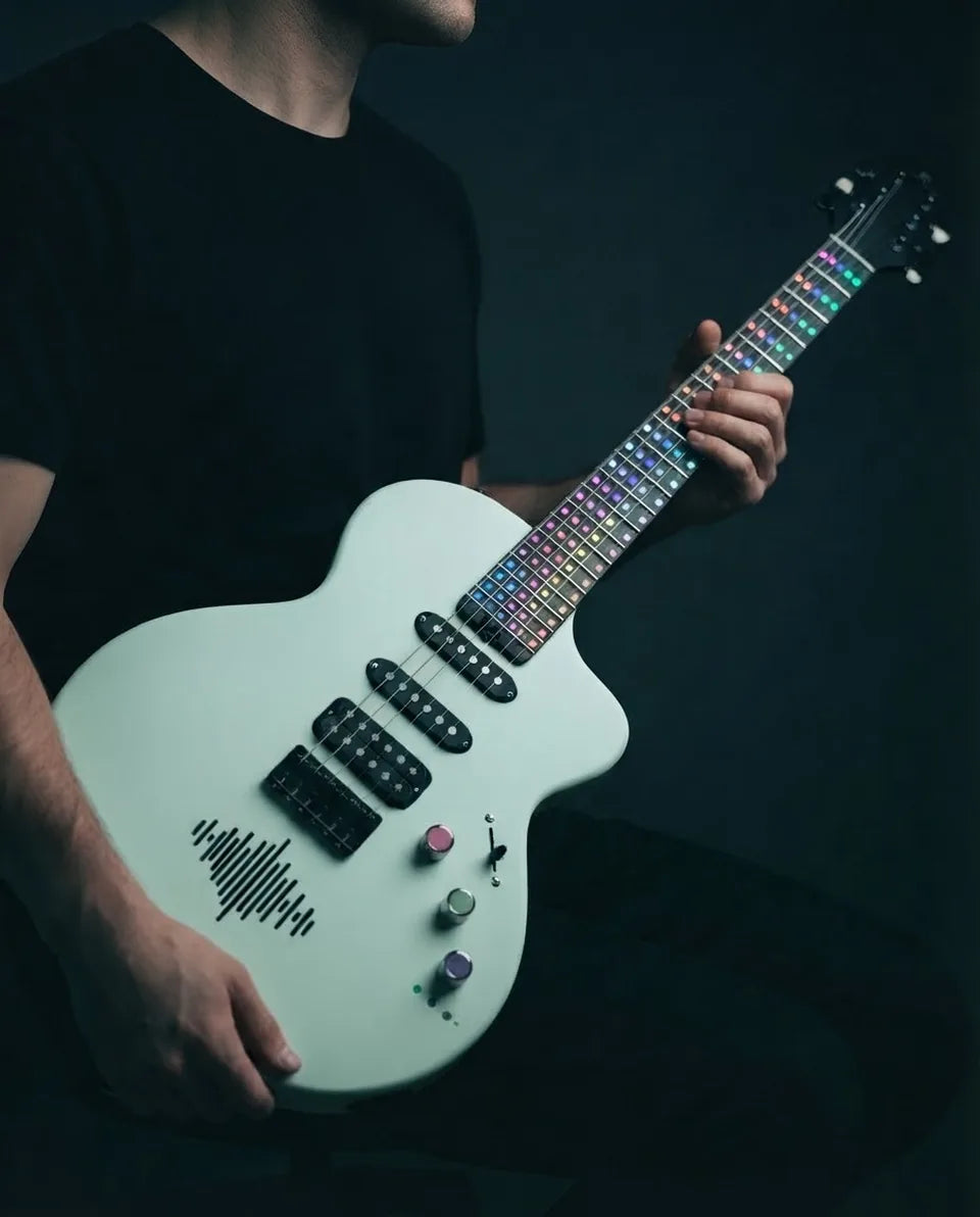 Player holding the Ravniks R-01 in Mint, fretboard lit