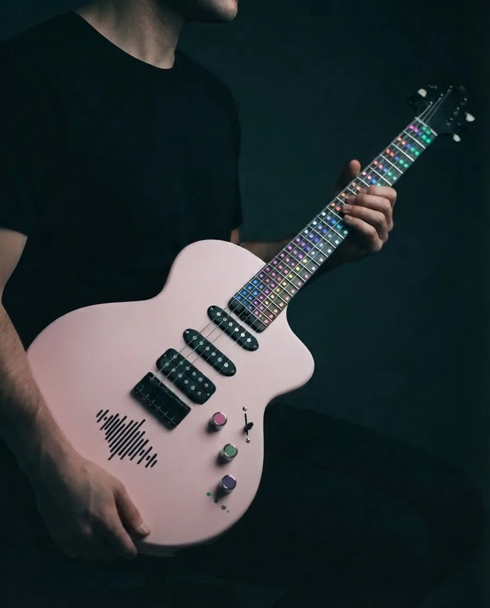 Player holding the Ravniks R-01 in Pink, fretboard lit