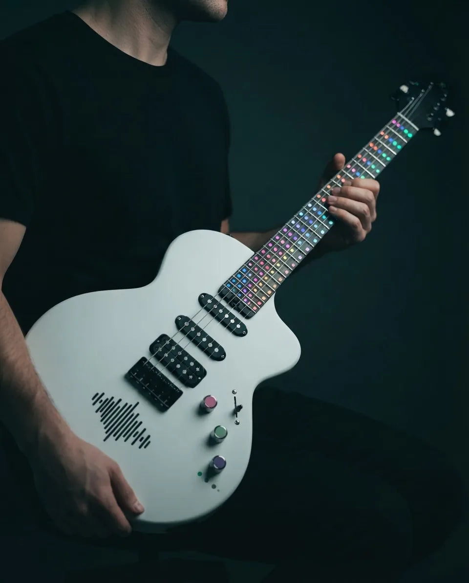 Player holding the Ravniks R-01 in White, fretboard lit
