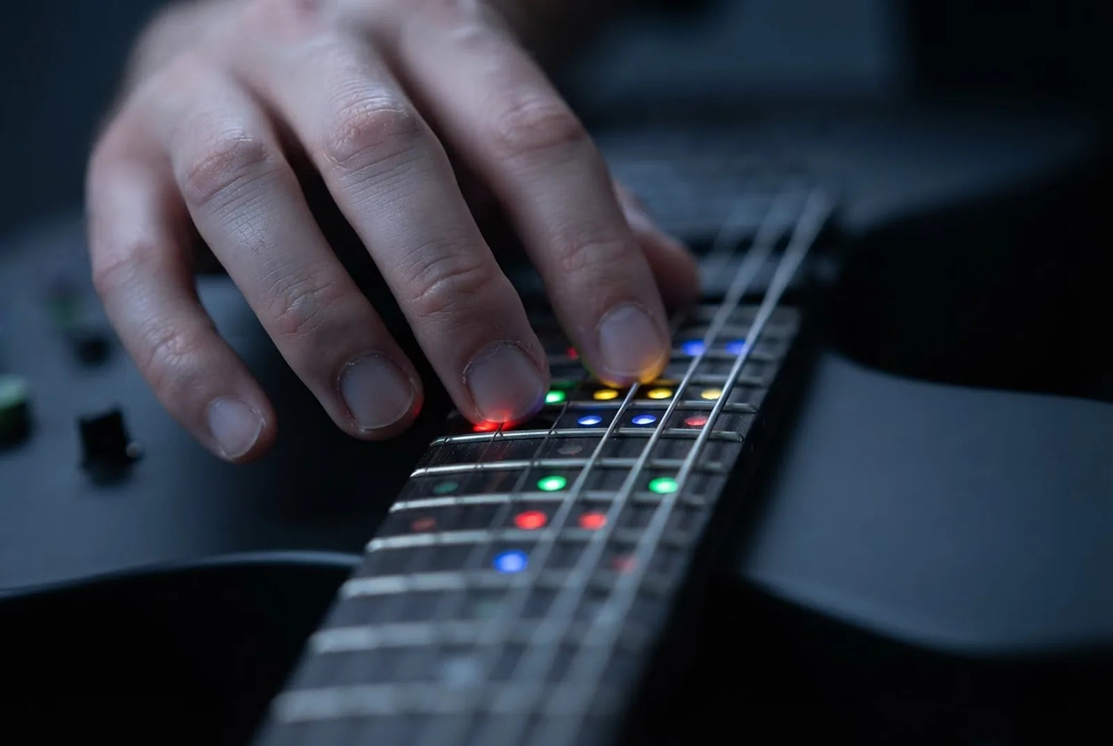 Close-up of fingers on the R-01 fretboard, each fingertip over a coloured light