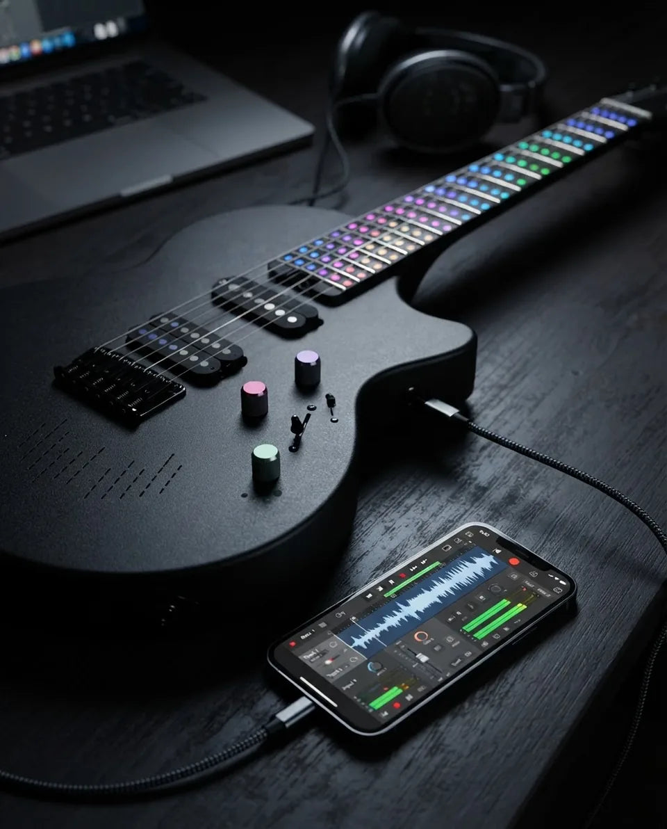 R-01 connected to a phone by USB-C, a recording app on screen