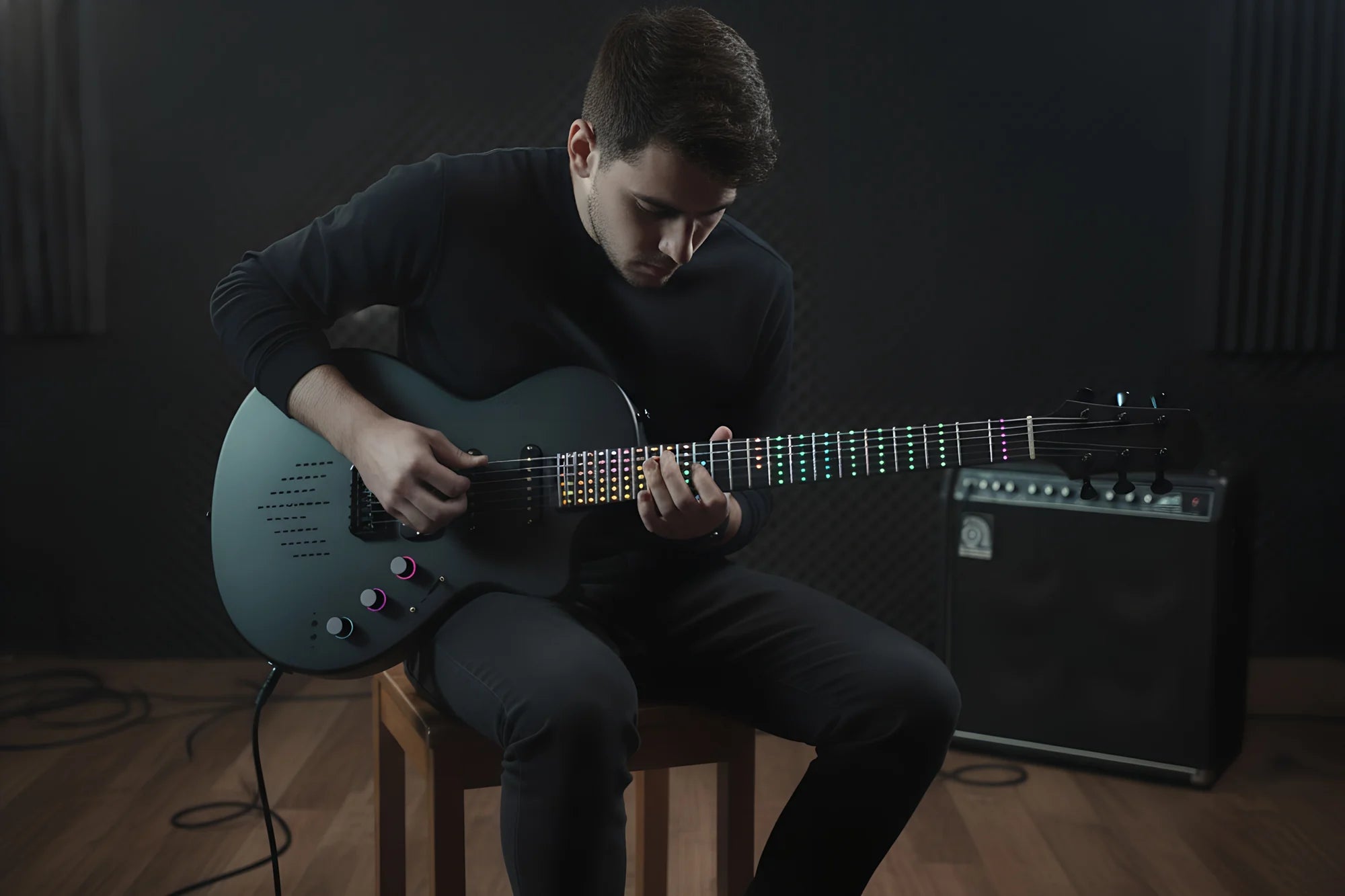Player on a stool playing the R-01 with an amp behind him