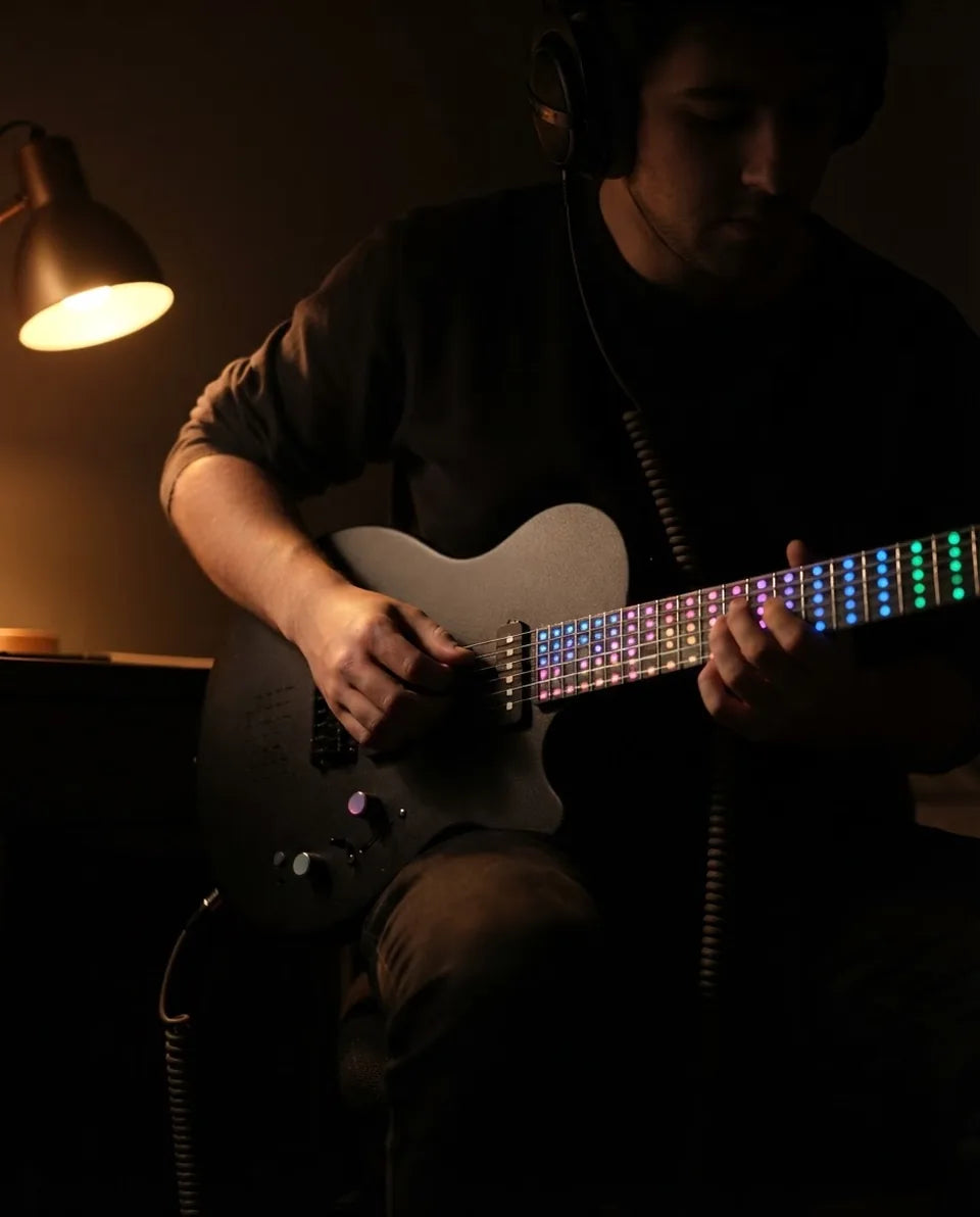 Player in headphones practising at night, the fretboard lit