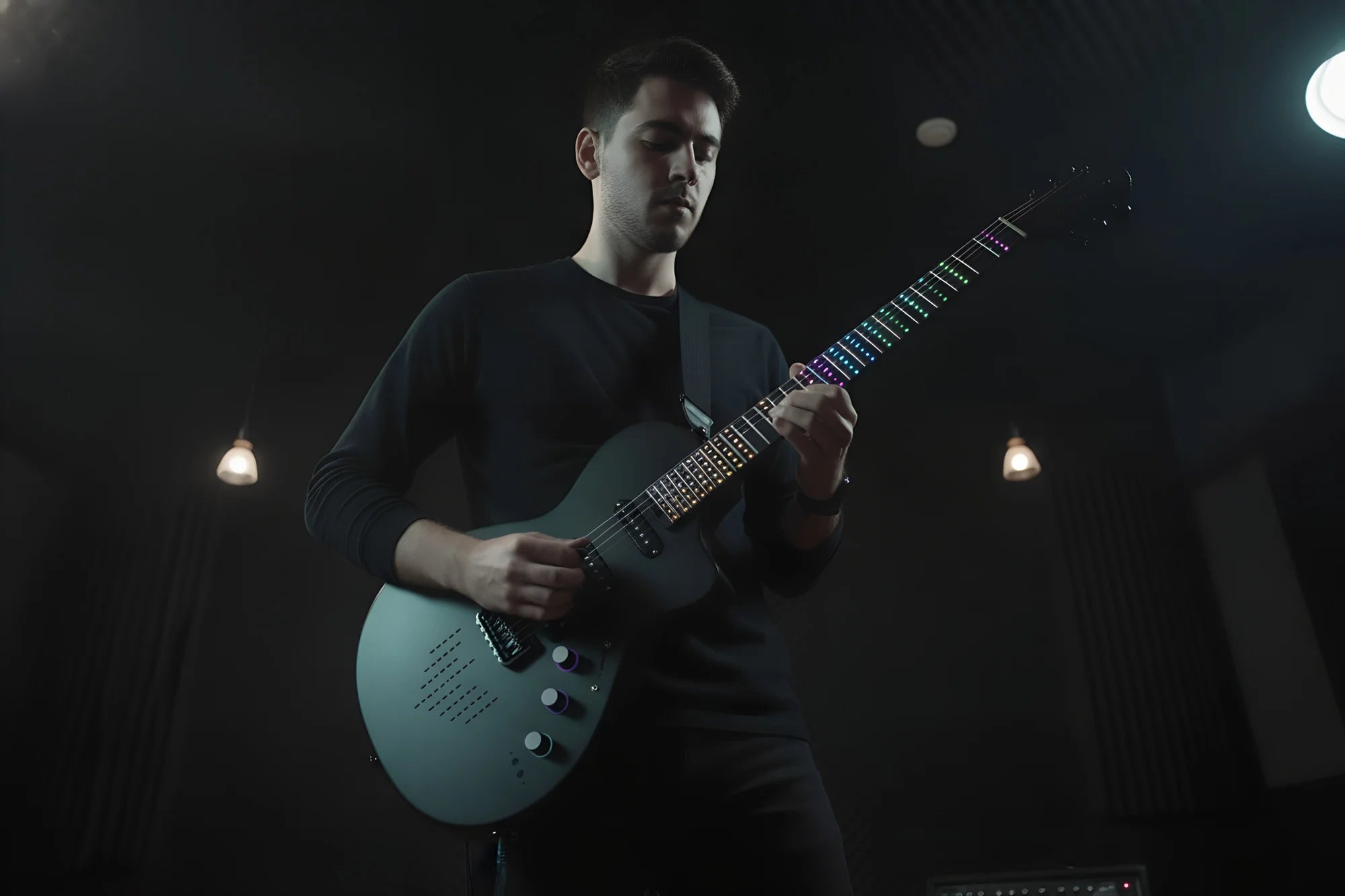 Guitarist playing the R-01 under stage lights, the neck glowing