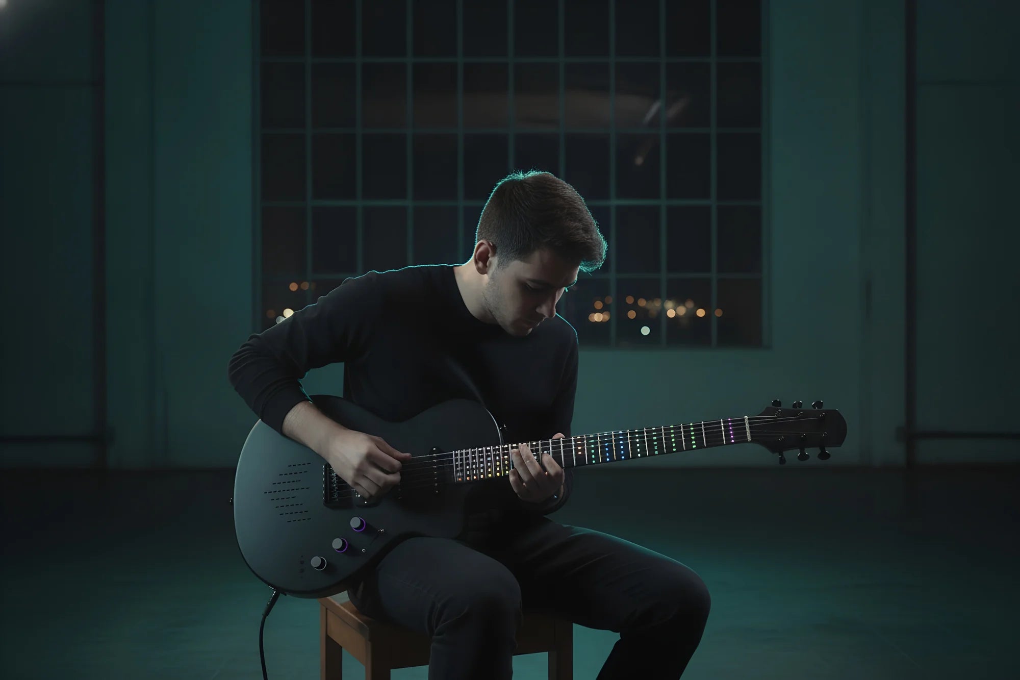 Guitarist playing the R-01 at night in front of a large window